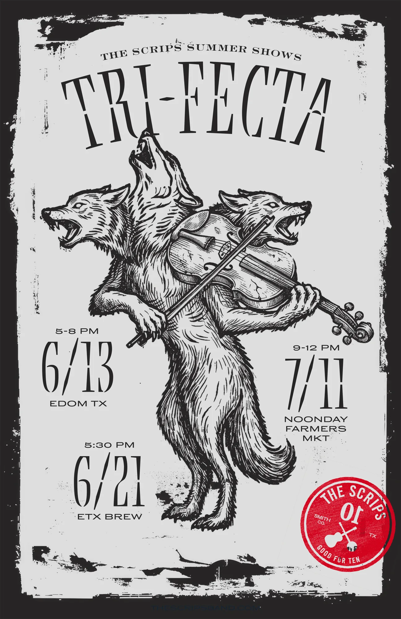The Scrips summer shows poster with a three-headed fiddle player