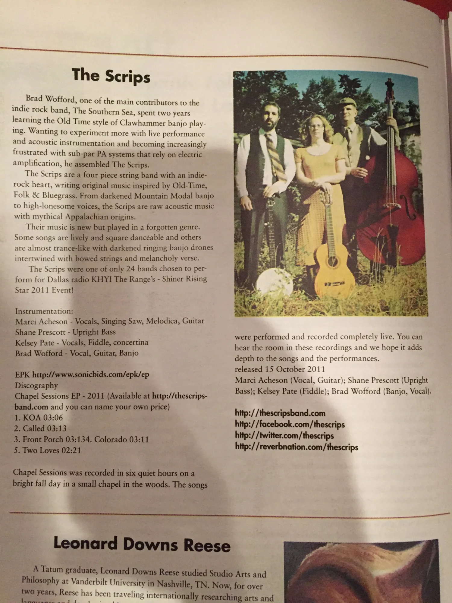 Archived article about The Scrips with a band photograph and release list