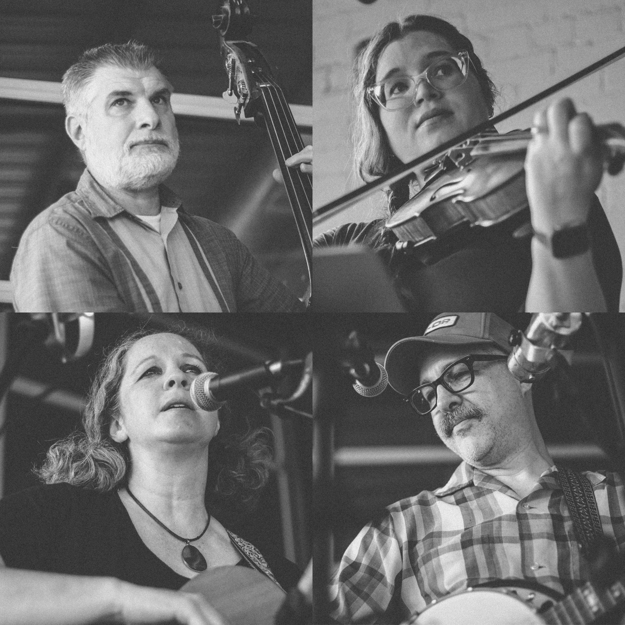 Black-and-white collage showing the four members of The Scrips performing